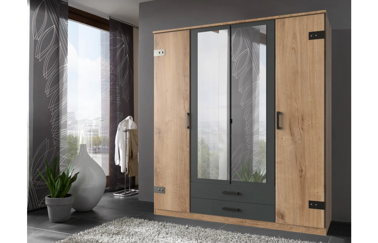 Šatní skříň se zrcadlem Cork, 135 cm, prkenný dub/grafit 2