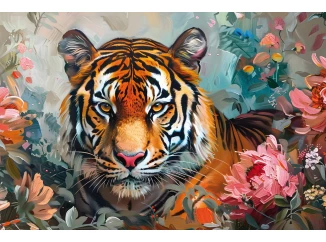 Obraz na plátně Tygr v květech, 90x60 cm, efekt olejomalby
